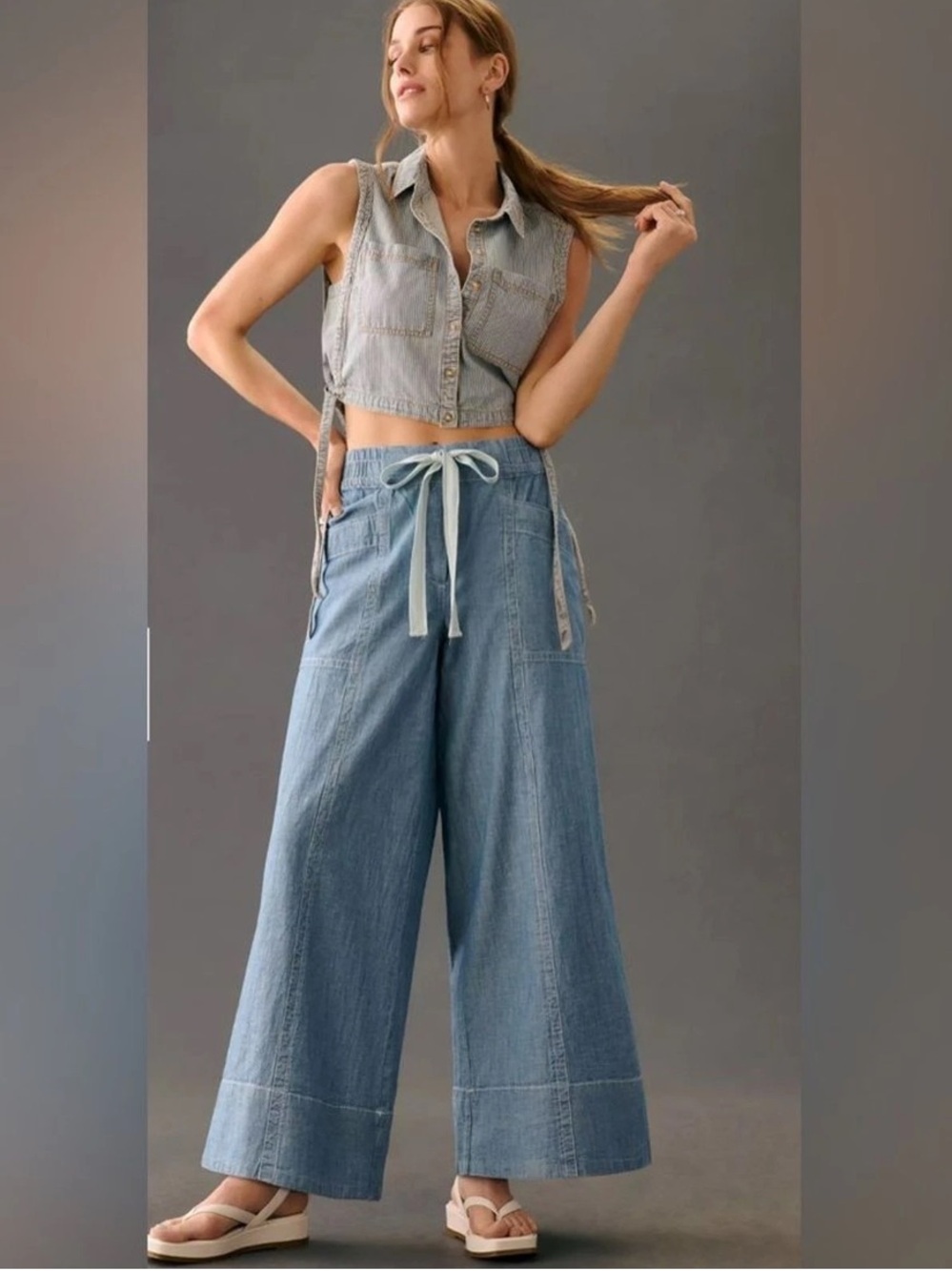 Maeve Anthropologie Drawstring Wide Leg Denim Pants Size Large
